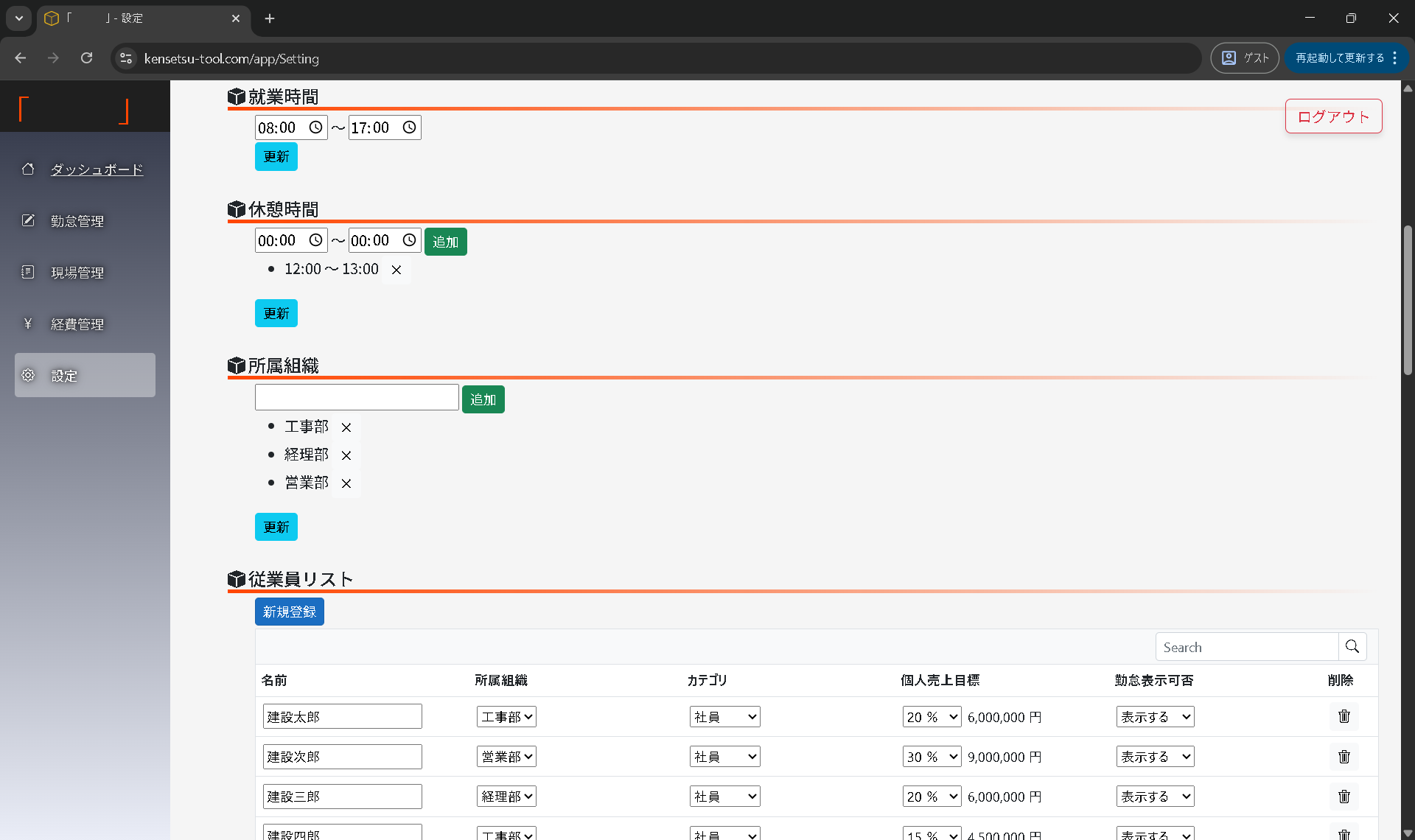 建設業向け管理ツールの全体ダッシュボード画面