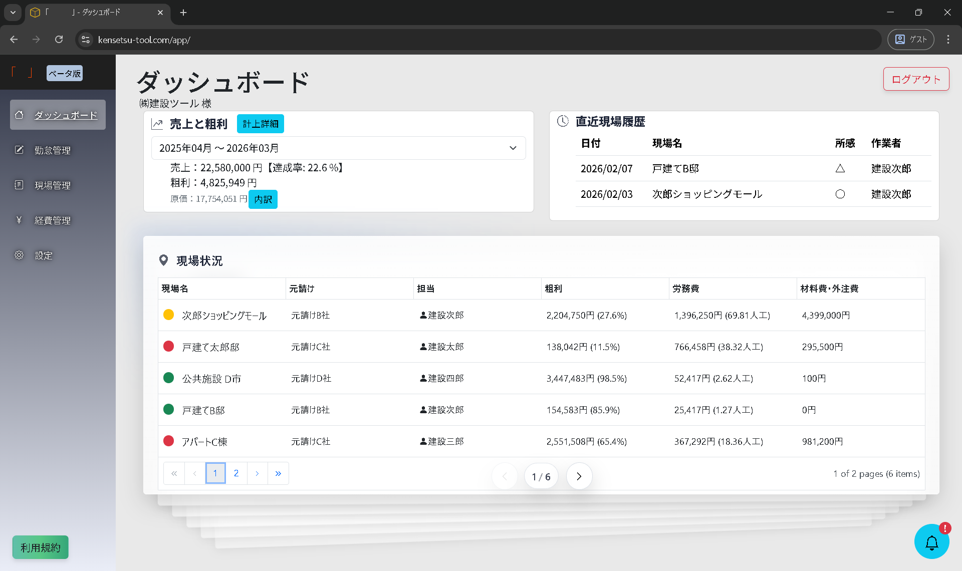 建設業向け原価管理ダッシュボードの一覧画面
