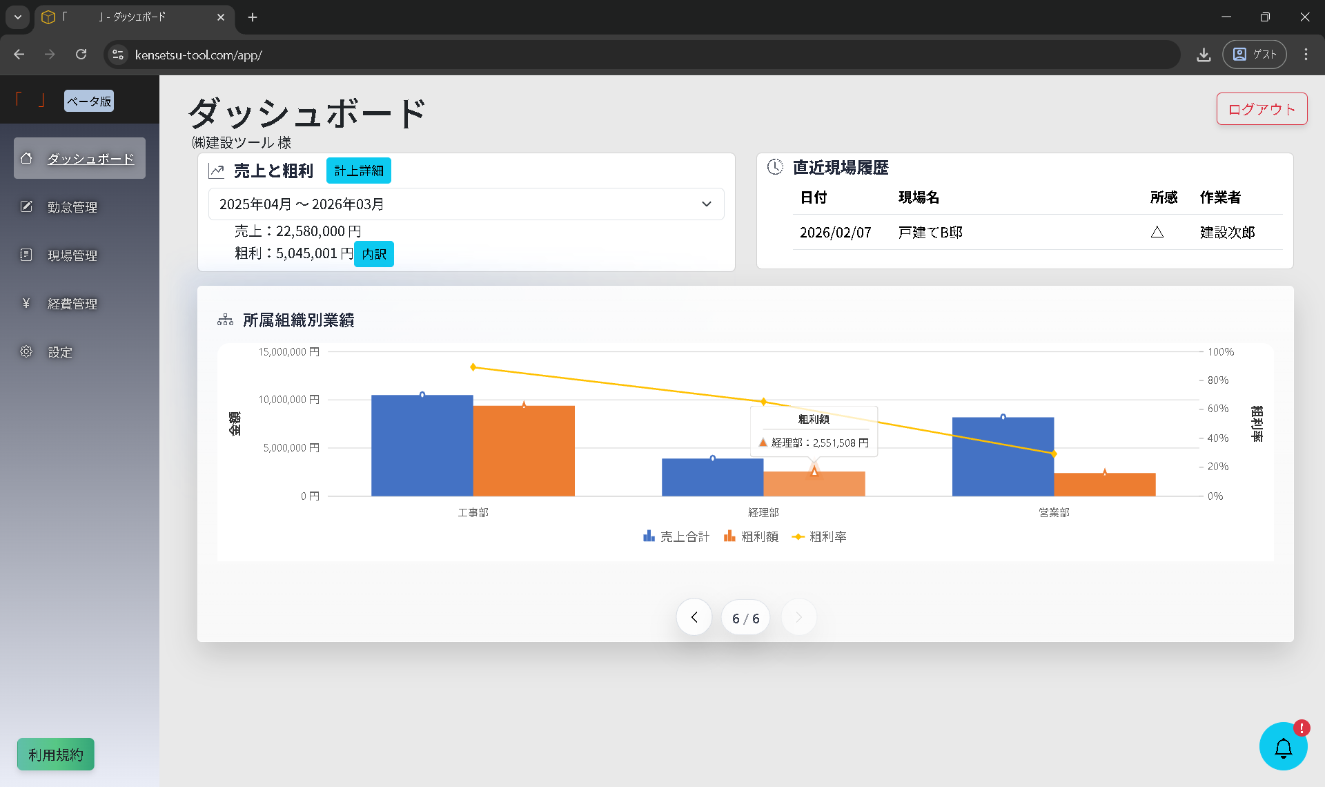 材料費や外注費を含めた原価管理画面
